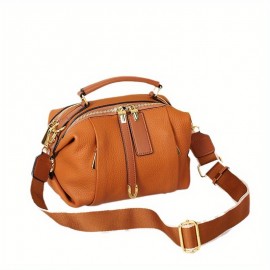 Stylish Genuine Leather Boston Pillow Bag for Women - Versatile Crossbody & Shoulder Handbag with Golden-Toned Hardware, Black/Brown/White/Cream/Dark Blue Options, Perfect for Everyday Use, Secure Travel Purse | Chic Leather Bag | Strap Detailing