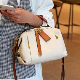 Stylish Genuine Leather Boston Pillow Bag for Women - Versatile Crossbody & Shoulder Handbag with Golden-Toned Hardware, Black/Brown/White/Cream/Dark Blue Options, Perfect for Everyday Use, Secure Travel Purse | Chic Leather Bag | Strap Detailing