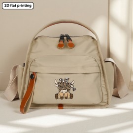 Women's Highland Cow Print Crossbody Bag with Detachable Strap - Durable Polyester Handbag with Zipper Closure, Cute Scottish Cow & Hearts Design, Beige & Brown Casual Everyday Bag for Women, 2D Flat Printing (No Fade), 2D Flat