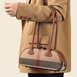 Ondy Women's Vintage Plaid & Cowhide Messenger Bag & Baguette Clutch - Caramel Brown/Black, Adjustable Strap, Zipper Closure, Nylon Lining - All-Season Commuting, Travel & Office Handbag for Women & White-Collar Workers, Cowgirl Purse, Daily Commuting Accessory, Twotone Design, Sturdy Handle Construction