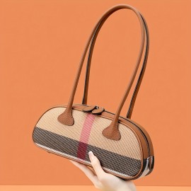 Ondy Women's Vintage Plaid & Cowhide Messenger Bag & Baguette Clutch - Caramel Brown/Black, Adjustable Strap, Zipper Closure, Nylon Lining - All-Season Commuting, Travel & Office Handbag for Women & White-Collar Workers, Cowgirl Purse, Daily Commuting Accessory, Twotone Design, Sturdy Handle Construction