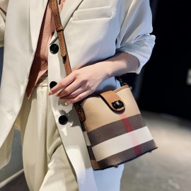 1pc Fashion Plaid Genuine Leather Bucket Bag for Women, Lightweight Shoulder Crossbody Bag with Adjustable Strap, Buckle Closure, Polyester Lined, Edge Paint Detail - Versatile for Casual and Occasion Use