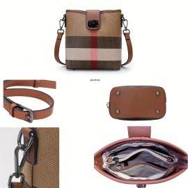 1pc Fashion Plaid Genuine Leather Bucket Bag for Women, Lightweight Shoulder Crossbody Bag with Adjustable Strap, Buckle Closure, Polyester Lined, Edge Paint Detail - Versatile for Casual and Occasion Use