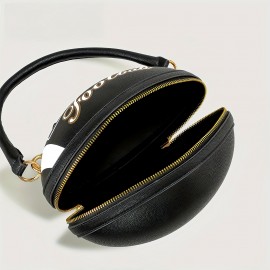 Fashion Football Shaped Handbag, Sports Theme Crossbody Bag with Adjustable Strap, Lightweight Zippered Tote with Polyester Lining, Positioning Print, Edge Paint Detail - Available in Black, White, Light Brown, Earthy Yellow