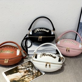 Fashion Football Shaped Handbag, Sports Theme Crossbody Bag with Adjustable Strap, Lightweight Zippered Tote with Polyester Lining, Positioning Print, Edge Paint Detail - Available in Black, White, Light Brown, Earthy Yellow