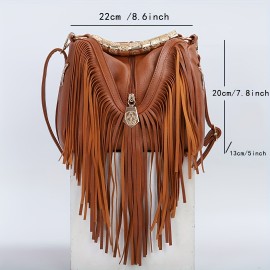 Leisure Trendy Western Style Shoulder Bag, Solid Color Tassel Decor Crossbody Bag For Women