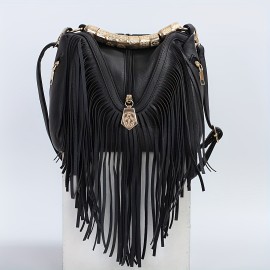 Leisure Trendy Western Style Shoulder Bag, Solid Color Tassel Decor Crossbody Bag For Women