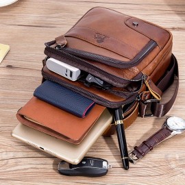 Genuine Leather Crossbody Bag with Adjustable Strap & Multiple Pockets - Deep Brown Vertical Unisex Shoulder Bag for Men & Women, Durable Everyday Commute & Holiday Gifts (Valentine's Day, Father's Day, Christmas), Crossbody Purse, Soft Texture Leather, Casual Outing, Sleek Design, Premium Material, Men's Accessory