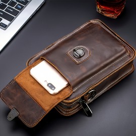 Men's Genuine Leather Crossbody Bag with Adjustable Strap - Brown One Shoulder Backpack, Front Flap Closure & Metal Eyelets - Compact Everyday, Motorcycle, Formal Bag - Sturdy First-Layer Cowhide Construction for Men, Secure Travel Pouch, Vintage Aesthetic