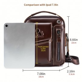 1pc Fashion Genuine Leather Men'S Crossbody Bag, Adjustable Shoulder Strap, Multi-Compartment Satchel with Top Handle, Zipper Closure, Non-Washable, for Outings - Dark Brown