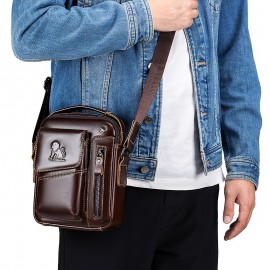 1pc Fashion Genuine Leather Men'S Crossbody Bag, Adjustable Shoulder Strap, Multi-Compartment Satchel with Top Handle, Zipper Closure, Non-Washable, for Outings - Dark Brown