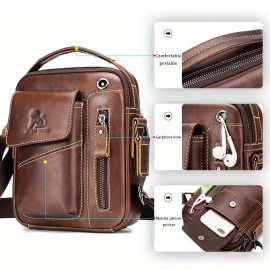 1pc Fashion Genuine Leather Men'S Crossbody Bag, Adjustable Shoulder Strap, Multi-Compartment Satchel with Top Handle, Zipper Closure, Non-Washable, for Outings - Dark Brown