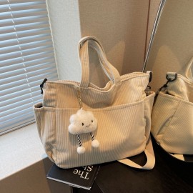 Machine Washable Large Capacity Corduroy Shoulder Bag - Adjustable Strap, Zip Closure - Ideal for Daily Commute and School