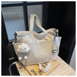 Machine Washable Large Capacity Corduroy Shoulder Bag - Adjustable Strap, Zip Closure - Ideal for Daily Commute and School