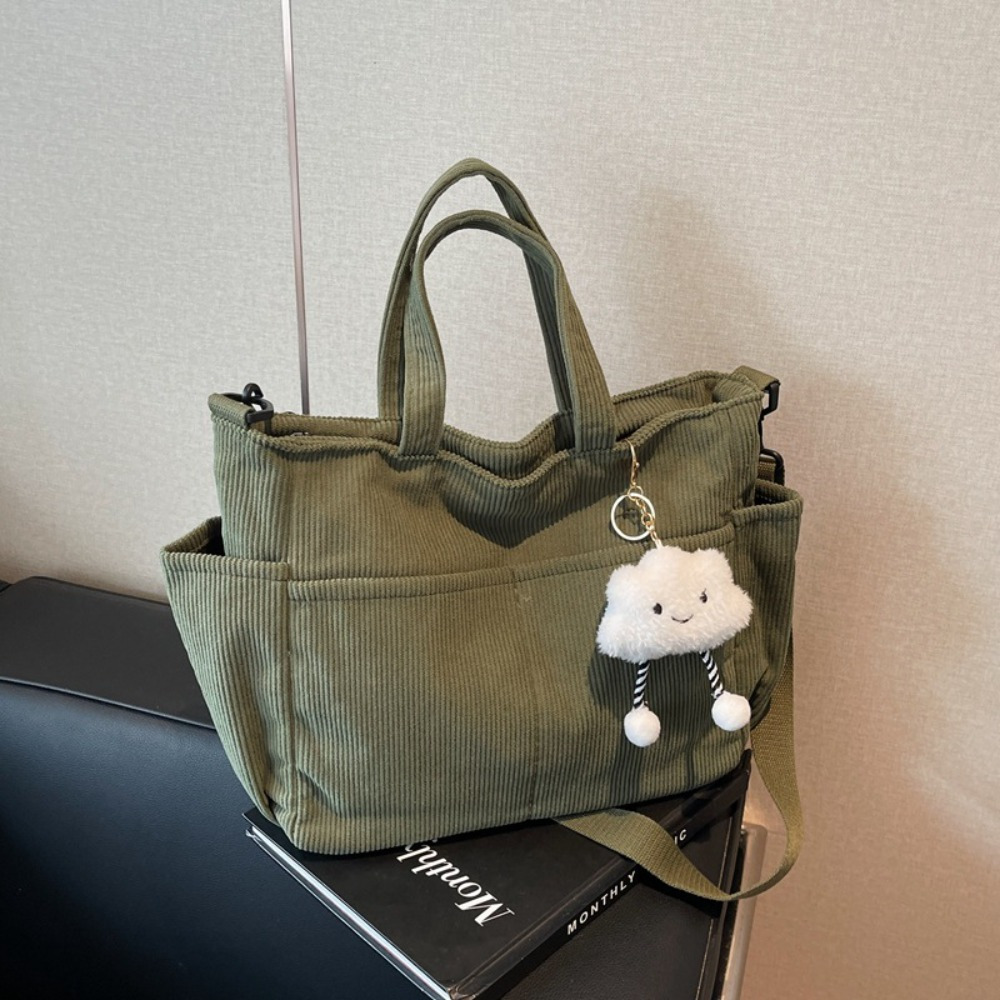 Machine Washable Large Capacity Corduroy Shoulder Bag - Adjustable Strap, Zip Closure - Ideal for Daily Commute and School