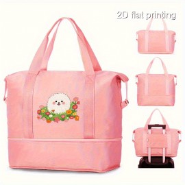 1pc Men's Stylish Large Capacity Yoga Gym Tote Bag with Pomeranian & Floral Design, Wet/Dry Separation, Black Fabric Handbag for Daily Use & Fitness