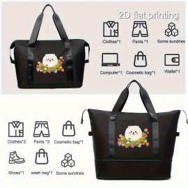 1pc Men's Stylish Large Capacity Yoga Gym Tote Bag with Pomeranian & Floral Design, Wet/Dry Separation, Black Fabric Handbag for Daily Use & Fitness