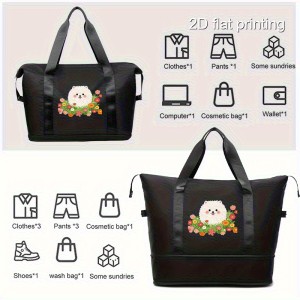 1pc Men's Stylish Large Capacity Yoga Gym Tote Bag with Pomeranian & Floral Design, Wet/Dry Separation, Black Fabric Handbag for Daily Use & Fitness