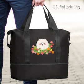 1pc Men's Stylish Large Capacity Yoga Gym Tote Bag with Pomeranian & Floral Design, Wet/Dry Separation, Black Fabric Handbag for Daily Use & Fitness