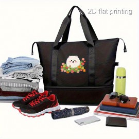 1pc Men's Stylish Large Capacity Yoga Gym Tote Bag with Pomeranian & Floral Design, Wet/Dry Separation, Black Fabric Handbag for Daily Use & Fitness