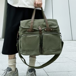 Large Capacity Canvas Multi Pockets Retro Casual Flip Handheld Bag, Fashionable Men's One Shoulder Tote Bag & Durable Backpack for Short-term Travel and Camping