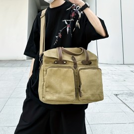 Large Capacity Canvas Multi Pockets Retro Casual Flip Handheld Bag, Fashionable Men's One Shoulder Tote Bag & Durable Backpack for Short-term Travel and Camping