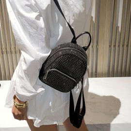 Acrylic Rhinestone Backpack for Women, Sparkling Diamond Pattern, Elegant Casual School Bookbag, Durable Zipper Closure, Solid Color, Lining, Do Not Wash - Black/Golden