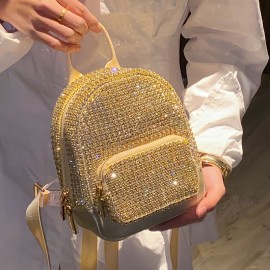 Acrylic Rhinestone Backpack for Women, Sparkling Diamond Pattern, Elegant Casual School Bookbag, Durable Zipper Closure, Solid Color, Lining, Do Not Wash - Black/Golden