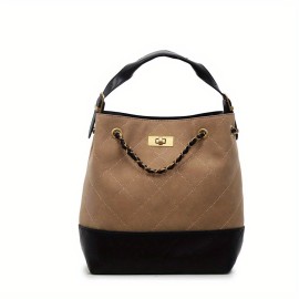 1pc Women's Retro Bucket Bag with Golden-Tone Hardware & Chain Strap - Elegant Golden-Tone Hardware, Buckle Closure, Lining - Coffee Brown/Light Brown/Gray/Black Handbag for Casual & Formal Events - Versatile Everyday & Special Occasion Bag - Korean Fashion Messenger Bag with Detachable Strap, Structured Design & Golden-Tone Hardware - Early Autumn Model, Nylon Handbags For Women, Shoulder Bags For Women Elegant Classy, Designer Bags For Women High Quality, Mini Handbag,