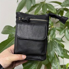 Genuine Leather Men's Waist Bag - Anti-Theft 7-Inch Phone Crossbody Bag with Adjustable Strap, Large Capacity & Hook Closure, Casual Outdoor Sports & Daily Commute Bag for Men, Leather Crossbody Bag, Vintage Leather Look, Secure Zipper Closure