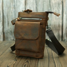 Genuine Leather Men's Waist Bag - Anti-Theft 7-Inch Phone Crossbody Bag with Adjustable Strap, Large Capacity & Hook Closure, Casual Outdoor Sports & Daily Commute Bag for Men, Leather Crossbody Bag, Vintage Leather Look, Secure Zipper Closure