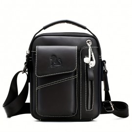 1pc Fashion Genuine Leather Men'S Crossbody Bag, Adjustable Shoulder Strap, Multi-Compartment Satchel with Top Handle, Zipper Closure, Non-Washable, for Outings - Dark Brown