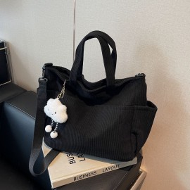 Machine Washable Large Capacity Corduroy Shoulder Bag - Adjustable Strap, Zip Closure - Ideal for Daily Commute and School