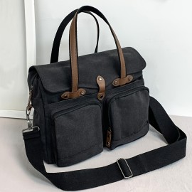 Large Capacity Canvas Multi Pockets Retro Casual Flip Handheld Bag, Fashionable Men's One Shoulder Tote Bag & Durable Backpack for Short-term Travel and Camping