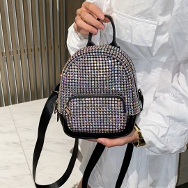 Acrylic Rhinestone Backpack for Women, Sparkling Diamond Pattern, Elegant Casual School Bookbag, Durable Zipper Closure, Solid Color, Lining, Do Not Wash - Black/Golden