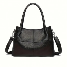 Black Lychee Pattern Women's Handbag, Dual-Use Tote and Crossbody Bag for Mom with Large Capacity & Multiple Compartments - Vintage Textured Shoulder Purse Suitable for Office Workplace Daily Shopping Casually Outing Moms with s Light Business Occasions