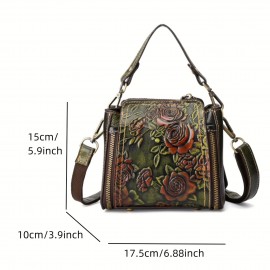 [Floral Leather Crossbody] Vintage Floral Embossed Genuine Leather Women’s Crossbody Bag - Adjustable Strap, Lightweight, Zip Closure, Lined, Brown/Green, Intricate Red Rose & Green Leaf Design, Multiple Compartments, Urban Style Accessory | Embossed Leather Bag | Genuine