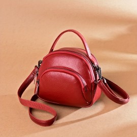 [Casual Leather Crossbody Messenger Bag] Genuine Leather Crossbody Bag for Women, Casual Solid Color Zippered Messenger Bag with Polyester Lining, Fashionable and Versatile from Guangzhou