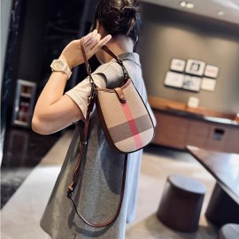 New Genuine Leather Crossbody Bag - Plaid Checkered Design, Detachable Strap & Snap Closure, Large Phone Compartment, Casual Chic Style in Caramel & Black for Everyday Use