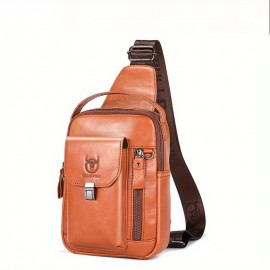 Men'S Genuine Leather Chest Bag - Adjustable Strap, Multiple Compartments for iPad & Tablets, Casual Crossbody Design for Daily Commute & Work, Leather Purse