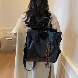 Vintage-Inspired Large Capacity Women'S Backpack - Adjustable Straps, Zipper Closure, Synthetic, Polyester Lining, Solid Color, Travel & Commute Bag, Commute Bag | Vintageinspired Bag | Synthetic Bag, Backpack for Travel