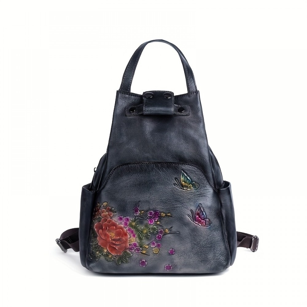Vintage-Inspired Large Capacity Black Leather Backpack with Floral & Butterfly Design - Adjustable Strap, Zipper Closure, Polyester Lining, Urban Style, Trendy Fashion Backpack|Vintageinspired Backpack|Durable Backpack