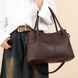 Black Lychee Pattern Women's Handbag, Dual-Use Tote and Crossbody Bag for Mom with Large Capacity & Multiple Compartments - Vintage Textured Shoulder Purse Suitable for Office Workplace Daily Shopping Casually Outing Moms with s Light Business Occasions