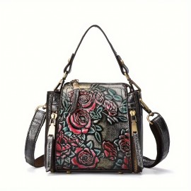 [Floral Leather Crossbody] Vintage Floral Embossed Genuine Leather Women’s Crossbody Bag - Adjustable Strap, Lightweight, Zip Closure, Lined, Brown/Green, Intricate Red Rose & Green Leaf Design, Multiple Compartments, Urban Style Accessory | Embossed Leather Bag | Genuine
